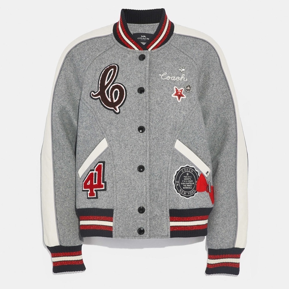 Coach Gray Metallic Patch Wool Varsity Jacket
 with‎ Red and White Details